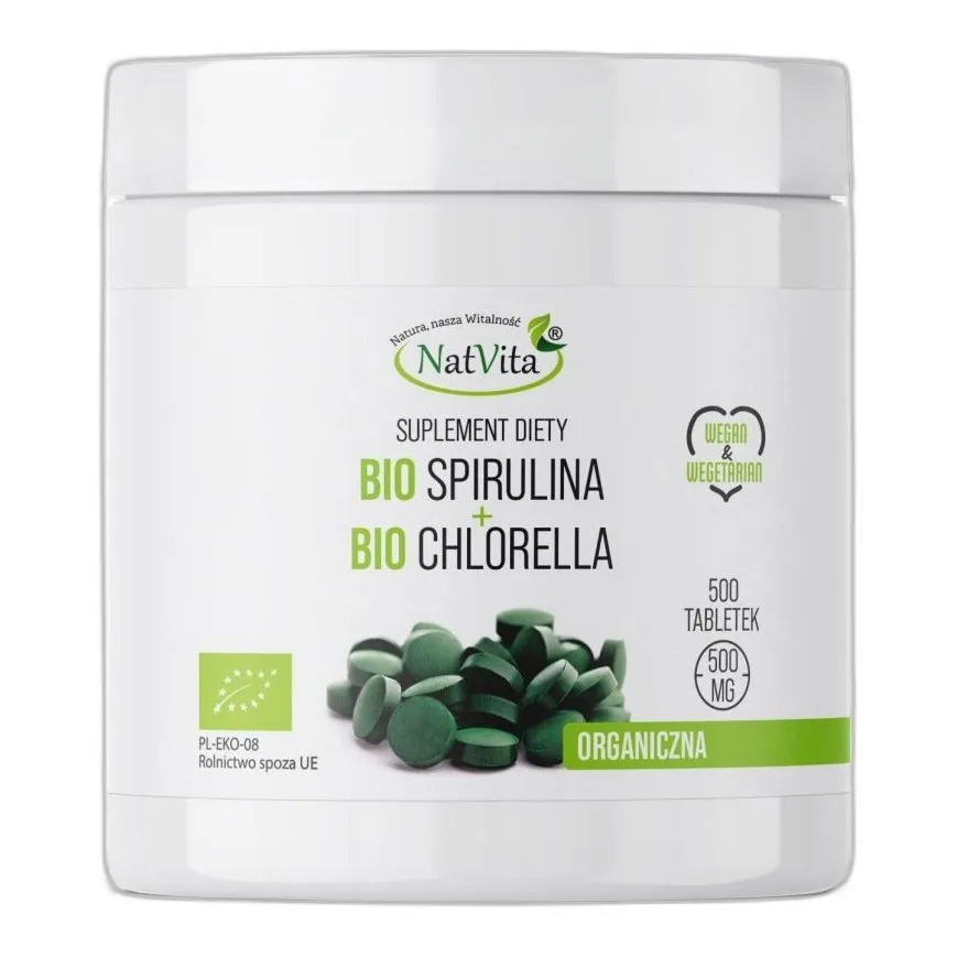 BIO Spirulina + BIO Chlorella Ekologiczna Superfood 500 Tabletek NatVita — zdjęcie 1