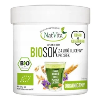 Sok z Zbóż i Lucerny BIO Proszek Ekologiczny Witaminy Natura 250g NatVita 4 — zdjęcie 1